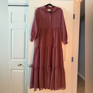 Dainty Jewells Women's Textured Tiered Button-Front Maxi Dress in Dusty Mauve